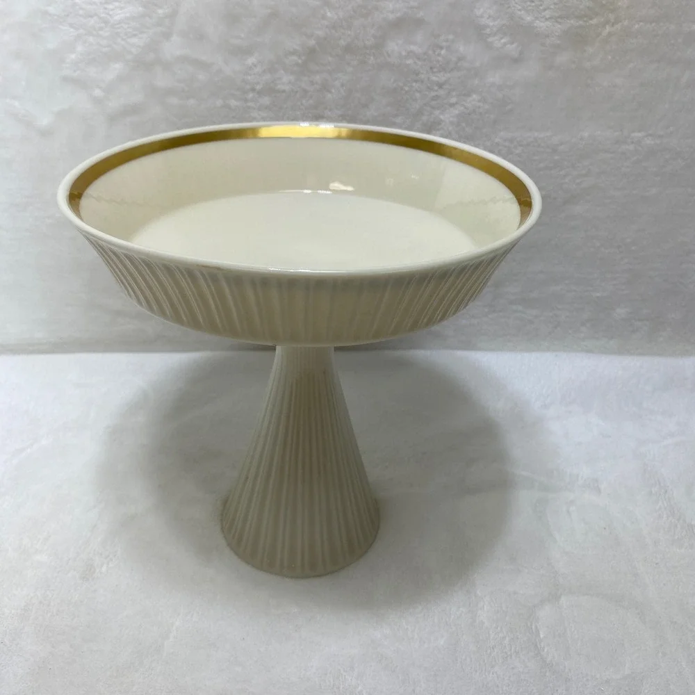 Lenox Ivory Groove Pedestal Compote Dish 24K Gold Rim Candy Nut Bowl